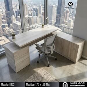 MobleOfi, Escritorio ejecutivo en L, moderno y minimalista, con cajonera y credenza, Modelo L003
