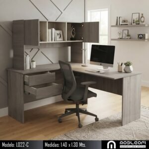 MOBLEOFI, Escritorio en L económico, con 2 cajoncitos chicos y 2 puertitas. Modelo L022-C