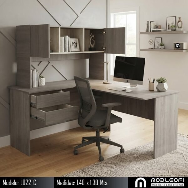 MOBLEOFI, Escritorio en L económico, con 2 cajoncitos chicos y 2 puertitas. Modelo L022-C MOBLEOFI, Escritorio en L económico, con 2 cajoncitos chicos y 2 puertitas. Modelo L022-C