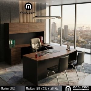 Mobleofi, Escritorio ejecutivo moderno, en forma de U, muy amplio, con cajones y librero, para casa u oficina