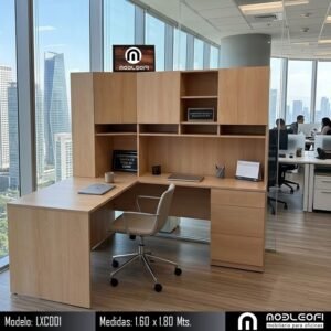 MobleOfi, Escritorio en L con credenza, porta trajes y cajonera con cajones archiveros