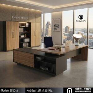 Mobleofi, Conjunto gerencia, Escritorio ejecutivo moderno minimalista, en paquete, incluye librero de atrás y del lado del usuario cuenta con cajonera. Mobleofi, Conjunto gerencia, Escritorio ejecutivo moderno minimalista, en paquete, incluye librero de atrás y del lado del usuario cuenta con cajonera.