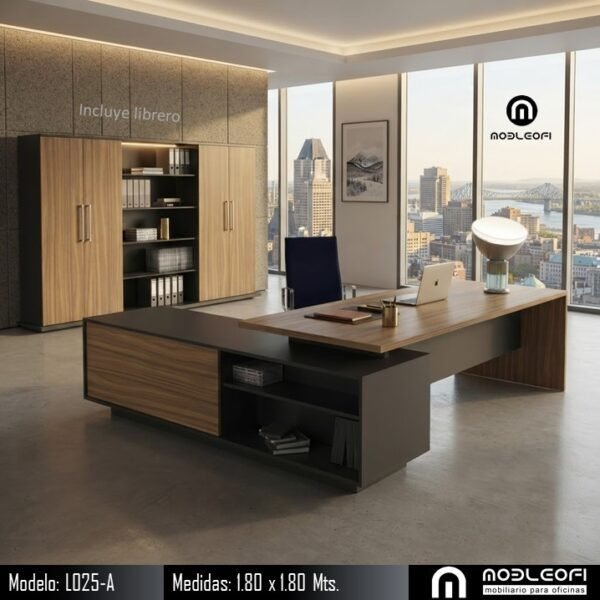 Mobleofi, Conjunto gerencia, Escritorio ejecutivo moderno minimalista, en paquete, incluye librero de atrás y del lado del usuario cuenta con cajonera.