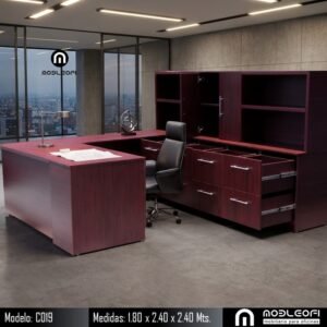 Mobleofi, Escritorio ejecutivo, en forma de U, con muchos cajones archiveros y un librero amplio