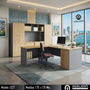 Mobleofi, Escritorio ejecutivo en escuadra con cajones y librero grande en paquete Mobleofi, Escritorio ejecutivo en escuadra con cajones y librero grande en paquete