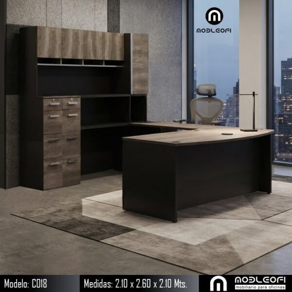 MobleOfi, Escritorio ejecutivo muy alto, con librero grande, muchos cajones archiveros y porta trajes ejecutivos