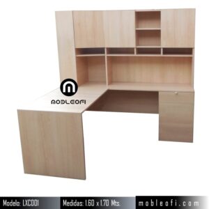 Mobleofi, Escritorio ejecutivo en escuadra moderno minimalista, con cajones, librero y porta-traje