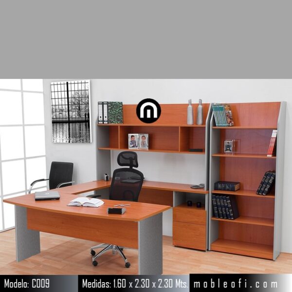 MOBLEOFI, Conjunto Escritorio ejecutivo con librero, estación de trabajo para gerentes, diseño moderno, con cajonera archivero