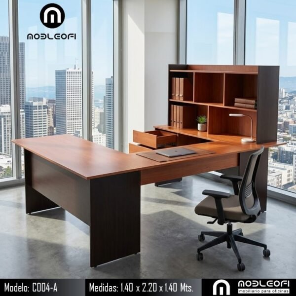 Mobleofi | Escritorio ejecutivo con librero amplio, 1 cajón papelero y 1 cajón archivero Mobleofi | Escritorio ejecutivo con librero amplio, 1 cajón papelero y 1 cajón archivero