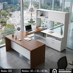 Mobleofi, Escritorio ejecutivo moderno minimalista, en escuadra, con cajones y librero