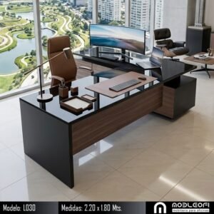 MobleOfi, Escritorio en L, minimalista, moderno, ejecutivo, con vidrio negro, espacios muy amplios y limpios