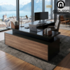 Escritorio en L moderno minimalista ejecutivo, con vidrio negro, credenza y cajones, para altos directivos. L030